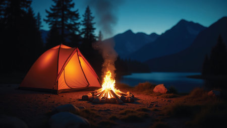 Illuminated tent and campfire by the lake at nightの素材