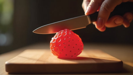Translucent Strawberry Being Sliced with Sharp Kitchen Knife on Cutting Boardの素材