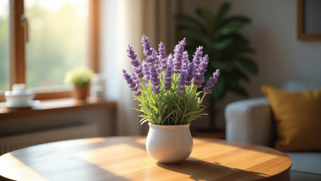 Potted lavender atop wooden table with blurred kitchen backgroundの素材