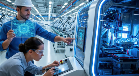 engineer inspecting advanced server racks in data center.の素材