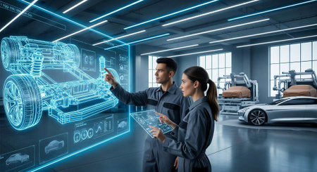 Engineers analyzing futuristic holographic interface in high-tech lab.の素材