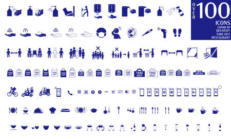 Over 100 ICONS COVID-19,Delivery,Take Out, Restaurantのイラスト素材