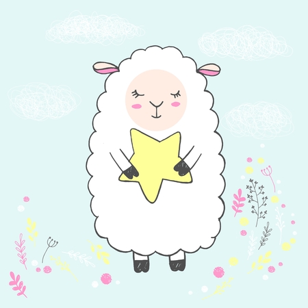 Vector Illustration of cute white hand drawn sketch sleeping sheep among flowers with closed eyes, star in his hands isolated on a blue empty background. Cute card. Good night, sweet dreamsのイラスト素材