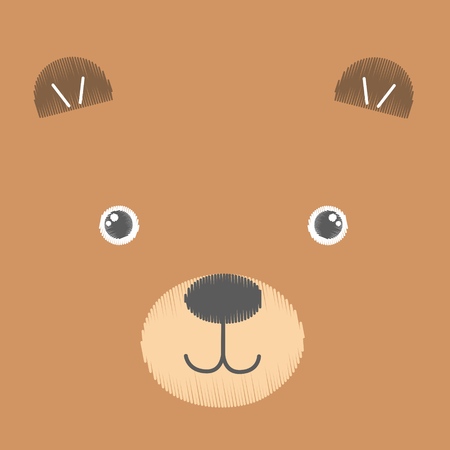 Vector illustration of embroidery of brown toy teddy bear. Baby anime smiling face isolated on an empty background. Sketch, hand drawn imitation. Can be used as card, poster, print for t-shirt.のイラスト素材