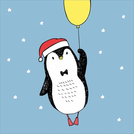 Vector illustration of cute flying black and white toy penguin with balloon, christmas cap, bow in the sky with stars. Good night. Freehand picture drawn with pen. Can be used as card, poster, bannerのイラスト素材