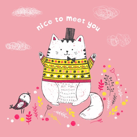 Vector illustration of cute sketch white cat with hat, bow, wearing a knitted pullover with ethnic pattern, bird, flowers, clouds and inscription nice to meet you, can be used as print for t shirtのイラスト素材