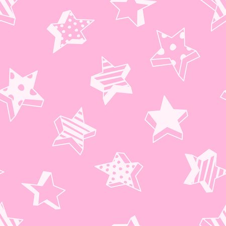 Seamless pattern with cartoon polka dot and striped cartoon distorted 3D stars on a bright pink background. Creative texture for fabric, paper, clothes, scrapbooking, cards, banner, web designのイラスト素材