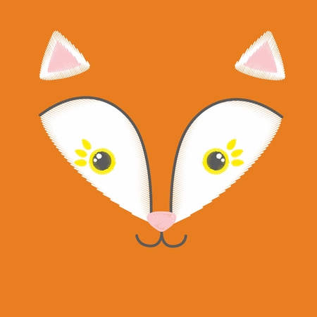 Vector illustration of embroidery of red toy fox. Baby anime smiling fox's face isolated on an empty background. Sketch, hand drawn imitation. Can be used as card, poster, print for t-shirt.のイラスト素材