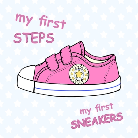 Illustration of children's cute sneakers without shoelace,classic design, with embroidery and inscription.のイラスト素材