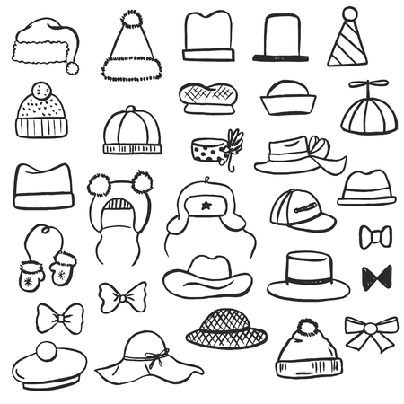 Different black and white hats vector set of illustrations (children's winter, summer, Christmas, festive), bows, mittens and another sketch hand drawn accessories drawn with pen and brush.のイラスト素材