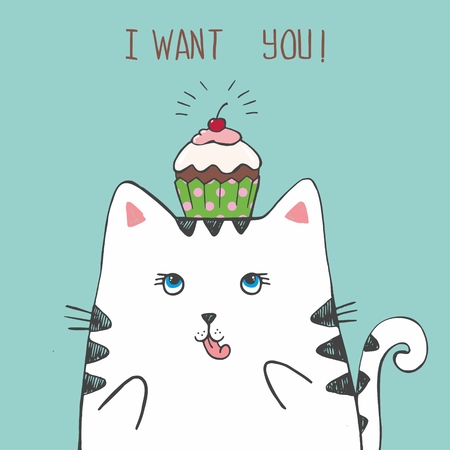 Cute vector hand drawn illustration with sketch cat with polka dot cake on his head. Blue background with scrapes. Picture drawn with  pen. I want youのイラスト素材