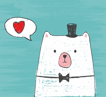 A Vector illustration of cute white bear with hat and bow tie thinking about love on a scratch background. Picture drawn with colored crayons, pencils and pen.のイラスト素材