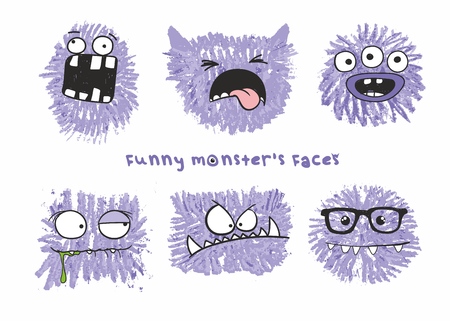 Set of six vector funny crazy monsters heads with different emotions on their faces. Sketch illustration drawn with colored crayonsのイラスト素材