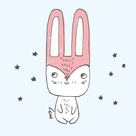 Vector illustration of little bunny sitting among stars with big head, small body, long ears Sketch picture isolated on an empty bakground. Hand drawn. Cute rabbit drawn with colored crayons and penのイラスト素材