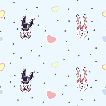 Vector illustration of background with little rabbits heads among stars long ears for fashion, paper, web. Sketch picture. Hand drawn. Cute rabbits drawn with colored crayons and pen. Seamless patternのイラスト素材