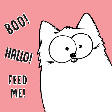 Vector illustration of big white cartoon sketch hand drawn cat  curiously peeking out from image corner, behind the frame with lettering Boo!, Hallo!, Feed me! Hide and seek gameのイラスト素材