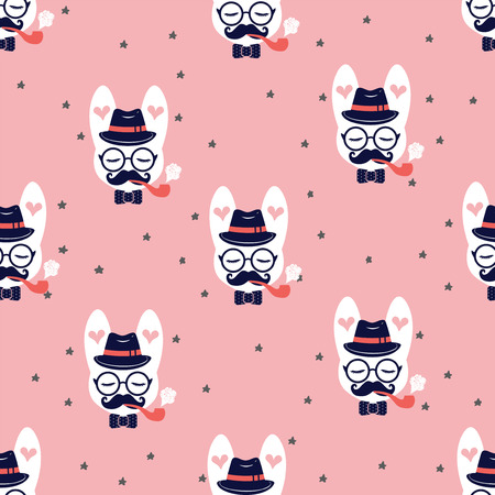Vector seamless fashion trendy pattern for clothes, fabric, paper, web design with hipster white rabbit smoking pipe, mustache, hat, polka dot baw, closed eyes, glasses, hearts, stars on pinkのイラスト素材