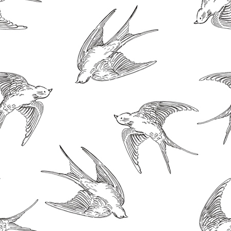 Vector seamless fashion trendy pattern with hand drawn sketch flying contour birds. Black and white original realistic illustration of swallows in retro style. Seamless texture for clothes, paperのイラスト素材