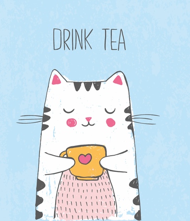 Cute vector hand drawn illustration with sketch cat with cup of tea. Blue background with lettering Drink tea. Picture drawn with colored crayons and pen.のイラスト素材