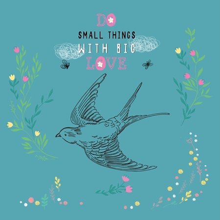 Vector illustration of hand drawn sketch flying contour bird with flowers. Original realistic swallowのイラスト素材