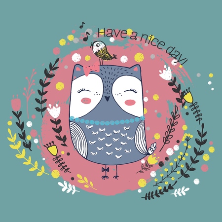 Vector illustration of cute sketch owl, bird, flowers, polka dot and inscription have a nice day, can be used as print for t shirtのイラスト素材