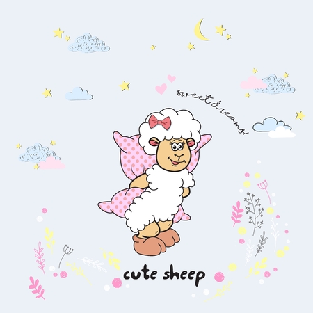 Vector cute cartoon walking sleeping sheep with clouds,stars, heart, hand drawn imitation, drawn with a tablet, fairytale, isolatedのイラスト素材