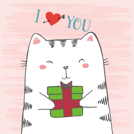 Vector illustration of hand drawn sketch cartoon white cat hugs gift on scratched grunge pink background peeking out from image corner with lettering I love youのイラスト素材
