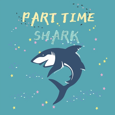 vector shark silhouette with fish and stars isolated on green background, symbols, icon, design elements. shark symbols, design elementsのイラスト素材