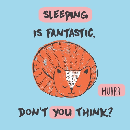 Cute Vector illustration with anime kawaii sleeping cat. With lettering sleeping is fantastic, don't you think. Fashion print for pajamas or t shirt. Good nightのイラスト素材