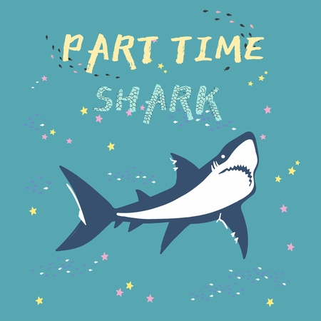 vector shark silhouette with fish and stars isolated on green background, symbols, icon, design elements. shark symbols, design elementsのイラスト素材