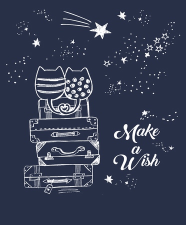 Vector cute illustration of hand drawn loving cats sitting on old suitcases and looking at night sky with falling stars, lettering make a wish, hand drawn with pen, stack of travel bags. fall in loveのイラスト素材