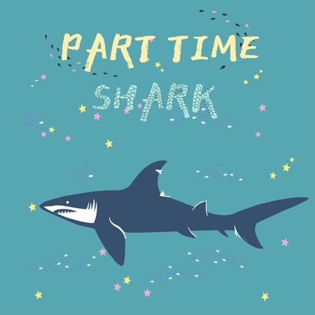 vector shark silhouette with fish and stars isolated on green background, symbols, icon, design elements. shark symbols, design elementsのイラスト素材