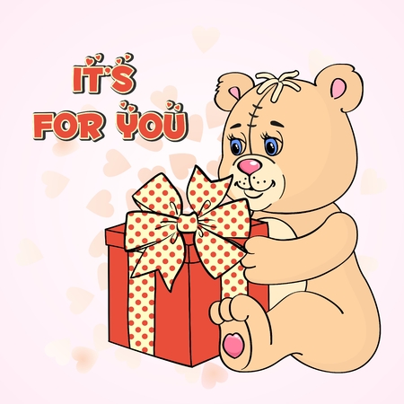 Vector illustration of lovely smiling toy bear with present and big polka dot bow (can be used as greeting card for birthday or valentines day).のイラスト素材