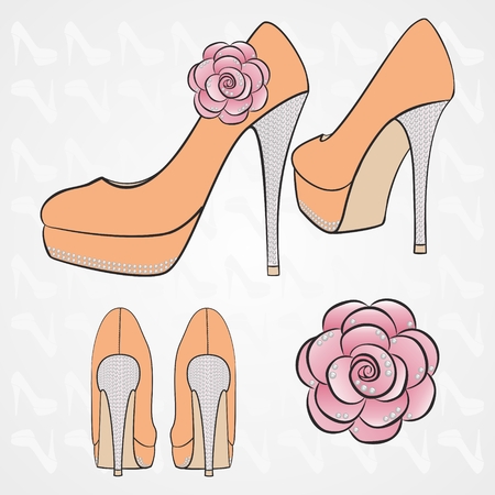 women's high-heeled shoes with decor in the form of crystals and big fabric roseのイラスト素材