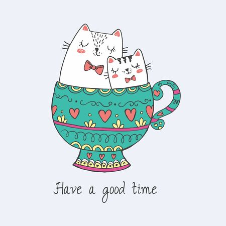 cute kawaii cats in beauty cup of teaのイラスト素材