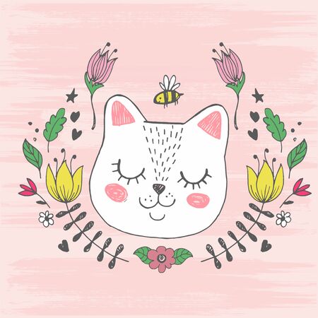 Cute kawaii cat face with bee, flowers.のイラスト素材