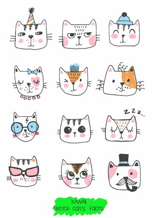 big kawaii set of doodle cute sweet catsのイラスト素材