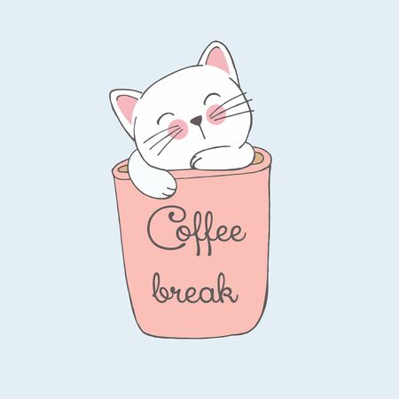 Coffee break lettering cup of coffee with cat illustration, hand drawn in minimalistic style. for prints posters cards postcards banners books and notebooksのイラスト素材