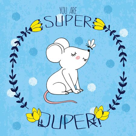 Vector hand drawn illustration of cute little white mouse inside floral frame with fly on his nose and lettering you are super duper on scratched grunge polka dot blue background, sketch cardのイラスト素材