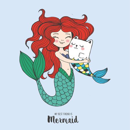 Vector hand drawn fairy tale illustration of beautiful redhead nixie with her fish cat, lettering my best friend is mermaid, print for t shirt for girl or woman, free hugs, mother and babyのイラスト素材