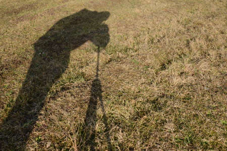  played of  shadows and photographed in nature and of the tripod and front of him on the grassの写真素材