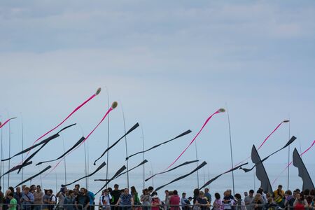 Cervia, Italy - May 1, 2015: International Kite Festival 2015, during the stop of the performances, the audience walks on the beach to watch the installation of sails positioned on the seashoreのeditorial素材