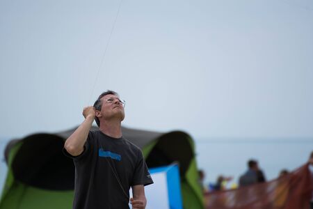 Cervia, Italy - May 2, 2015: International Kite Festival 2015, the training phase of a participant at the Festivalのeditorial素材