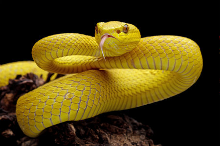 high venomous yellow viper snake isolated on black backgroundの写真素材