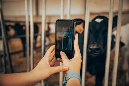 Hand of a young girl taking pictures of some calves inside the stableの写真素材