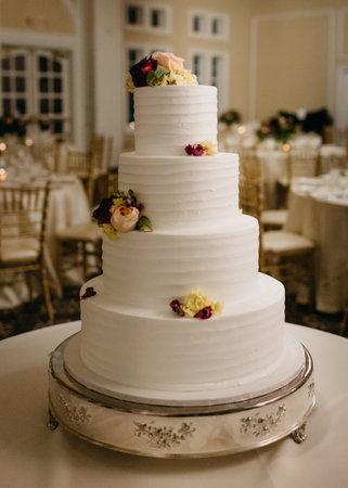 Simple four layer white wedding cake on a cake stand at a receptionの写真素材