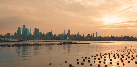 sunrise over the river panorama beautiful New Yorkの写真素材