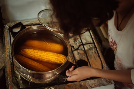 The hostess looks into the pot where the corn is cooked on the stove at homeの写真素材
