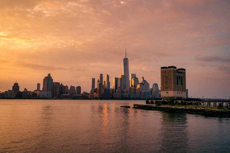 Panoramic New York City skyline at sunrise riverの写真素材