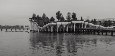 black and white little island in New York City riverの写真素材